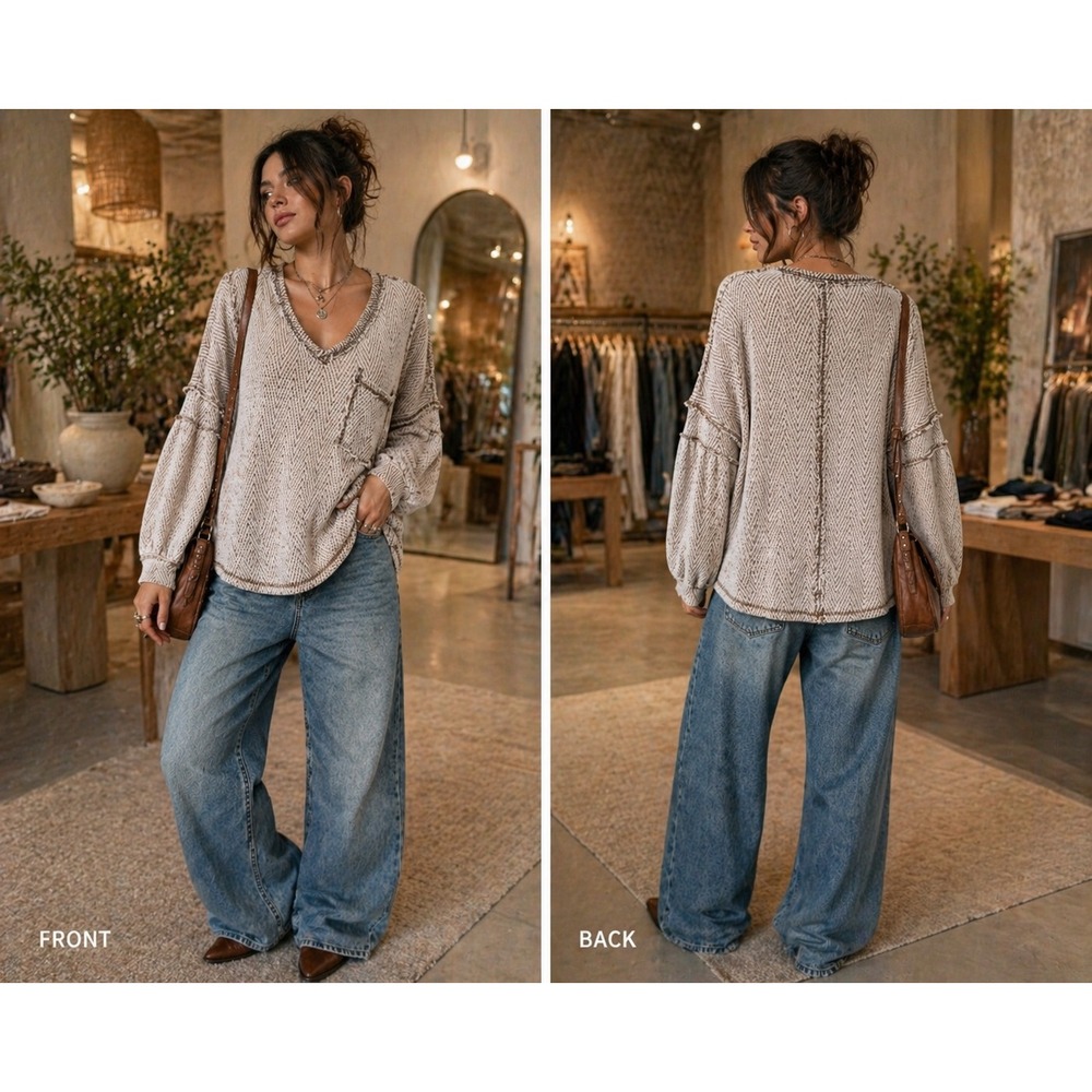 WE THE FREE Boho Chevron Textured Raw Seam Balloon Sleeve Tan Cream Top Large